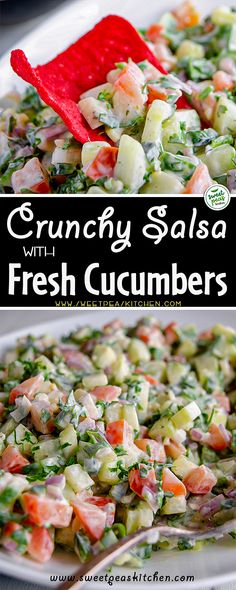 this is a salad with fresh cucumbers in it and the title below reads crunchy salsa with 1 fresh cucumbers