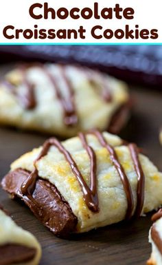 chocolate croissant cookies on a cutting board with the title in the middle above it