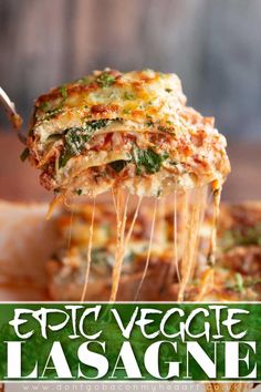 a slice of lasagna being lifted from a casserole dish