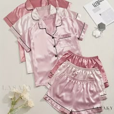 Lasaky - Premium 6-Piece Plus Size Pajama Set for Women - Sophisticated Satin Button Up Shirt & Shorts Ensemble with Elegant Contrast Trim Design Preppy Pjs, Slumber Party Birthday, Adrette Outfits, Silk Pjs, Comfy Pajamas, 13 Birthday, Lapel Top, Pyjama Satin, What I Want For Christmas