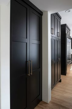 Tall black pantry cabinet doors Tall Pantry Doors, White Glam Kitchen, Custom Pantry Ideas, Floor To Ceiling Pantry Cabinets, Floor To Ceiling Cupboards, Black Kitchen Pantry, Small Drop Zone, Built In Pantry Cabinet Wall, Dark Pantry