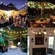 there are many different pictures with lights in the yard and on the patio, people gather around an outdoor fire pit