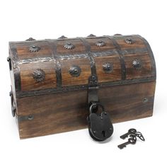 an old fashioned wooden chest with keys and lock on the front, isolated against a white background