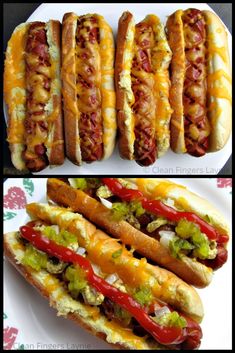 two pictures of hot dogs with cheese and ketchup on them, one has jalapenos and the other has relish