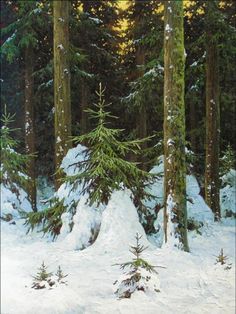 a painting of snow covered pine trees in the woods