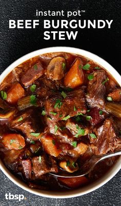 the instant pot beef burgundy stew is ready to be eaten