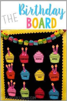 the birthday board is decorated with cupcakes and candles on black paper, surrounded by colorful streamers