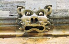 a stone dragon head on the side of a building