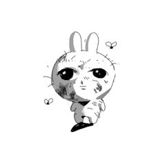 a drawing of a rabbit with big eyes and an arm around it's head