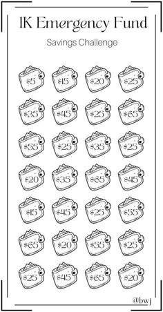 the printable emergency fund savings challenge is shown in black and white with numbers on it