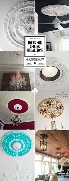 several different types of ceiling lights and chandeliers with the words ideas for medallions above them