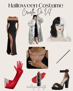 halloween costume croufle de vf with red gloves and black dress, high heeled shoes