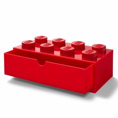 a red lego storage box with four small bricks in the bottom section and two smaller ones on each side