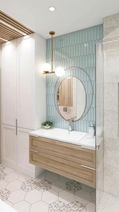 a bathroom with a sink, mirror and bathtub next to a walk in shower