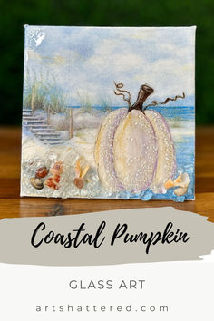 This coastal-inspired pumpkin DIY blends beach scenes with autumn tones! Create your own seasonal art piece using decoupage, painted pumpkins, and glass details. Great for fans of mixed-media art and unique fall decor ideas. Art Shattered, Unique Fall Decor, Pumpkin Art Project, Beach Scene Painting, Pumpkin Canvas, Mixed Media Art Projects, Beach Canvas Art