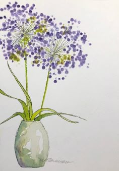 a watercolor painting of purple flowers in a vase