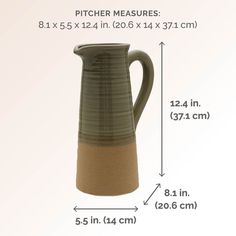 a large pitcher with measurements for the bottom and side, sitting in front of a white background