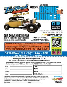 a flyer for the annual car show and food drive on saturday, july 20 at 7 30 pm