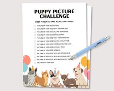 the puppy picture challenge is shown on top of a piece of paper with a pen next to it