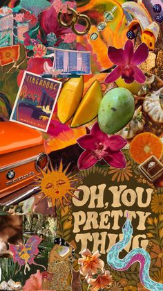 a collage of various items including an orange suitcase, flowers, and pictures with the words oh you pretty thing on it