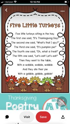 a thanksgiving poem for kids with turkeys and leaves on the page, which reads five little turkeys