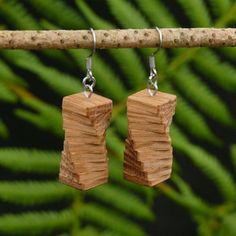 small wooden earrings hanging from a tree branch