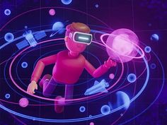 a man in virtual reality glasses holding a ball and spinning it around on a purple background