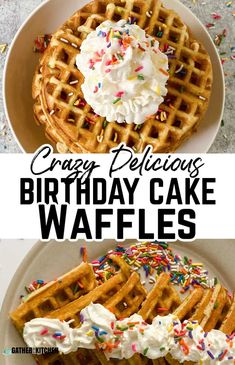 some waffles with whipped cream and sprinkles on top are shown