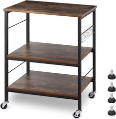 three shelves with wheels and one shelf on each side, two are open to show the same item