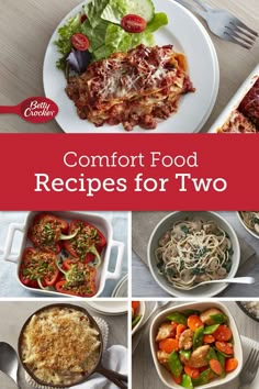 the cover of a cookbook with pictures of different food items and words that read, comfort food recipes for two