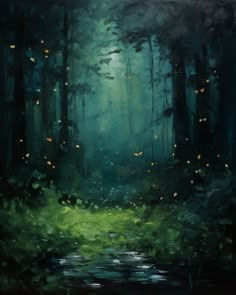 an oil painting of a forest with fireflies