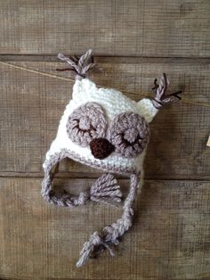 Baby Owl Owlette, cream and taupe sleeping owl. Crochet owl, with or without ties.  Made to order, please allow 7 to 10 business days for orders,  Please specify size  as they are on an average. Please measure circumference of head for the closest measurement for your order, and or color changes.  Thank you for stopping by! Owl Crochet, Baby Owl, Owl Baby, Types Of Hats, Crochet Owl, Knitted Wit, Beanie Pattern, Baby Owls, Crochet Beanie