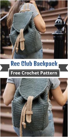 a crocheted backpack with the text free crochet pattern on top and bottom