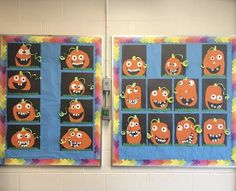 two bulletin boards decorated with pumpkins and faces