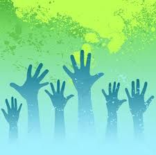 several hands reaching up with the words is god part of your social network?