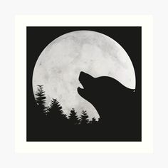 a wolf silhouetted against the moon with trees