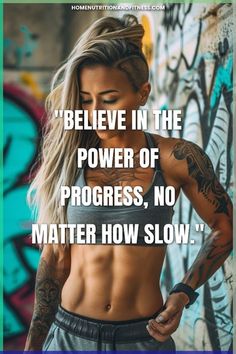 a woman standing in front of a graffiti wall with her arms behind her back and the words, believe in the power of progress, no matter how slow