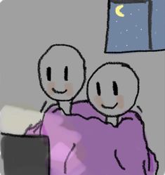 an image of two people hugging each other in front of a computer screen with the moon and stars above them