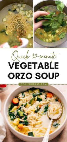 quick 30 minute vegetable orzo soup in a white bowl