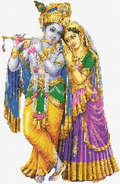 two people dressed as hindu deities, one holding a flute and the other carrying an instrument