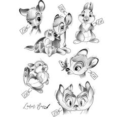 several cartoon animals with different expressions on their face and body, all in black and white