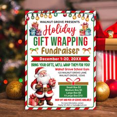 a holiday gift wrapping fundraiser flyer on a table with christmas decorations and presents in the background