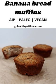 three banana bread muffins sitting on top of a piece of parchment paper with the title above it