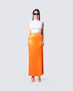 Pocketful of sunshine ☀️ Come out from the shadows and brighten up your closet with this perfect summertime maxi skirt constructed from silky orange satin 🧡 Pocketful Of Sunshine, Fuzzy Skirt, White Corset Dress, Denim Pleated Skirt, Floral Lace Skirt, Fire Orange, Skirt Draping, Satin Maxi Skirt, Red Mini Skirt