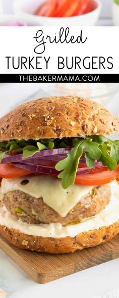 grilled turkey burgers with tomatoes, lettuce and onions