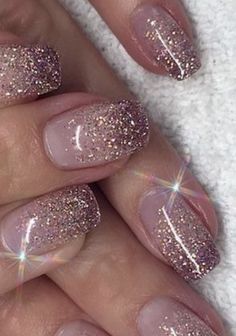 Nails Gold Glitter Ombre, Silver Glitter Nail Designs, Gradient Glitter Nails, Gold Holiday Nails Glitter, Nail Extension Designs, New Year’s Nails, Pink Ombre Nails Glitter Rose Gold, Pink Nails With Gold Glitter Accent, Nail Art Paillette