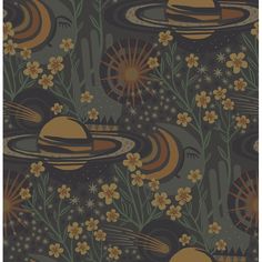 an abstract pattern with flowers, plants and planets in dark blue colors on a black background