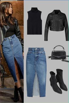 Outfit Inspo | Black Cropped Leather Jacket, Black Turtleneck Knit Top, and Plain Blue High Waist Front Split Denim Skirt, | Black Leather Side Bag and Black Heeled Ankle Boot | Outfit Inspiration | Skirt Outfit Ideas | Women Fashion Outfit Inspirations Skirt, Denim Skirt Outfits, Classy Fashion, Trendy Fall Outfits, Fashion 101, Pinterest Fashion, Fashion Mistakes, Look Plus, Business Casual Outfits