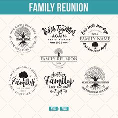 the family reunion logo is shown in black and white, with four different designs on it