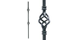 a black metal pole with a decorative design on it's end and an iron rod at the top